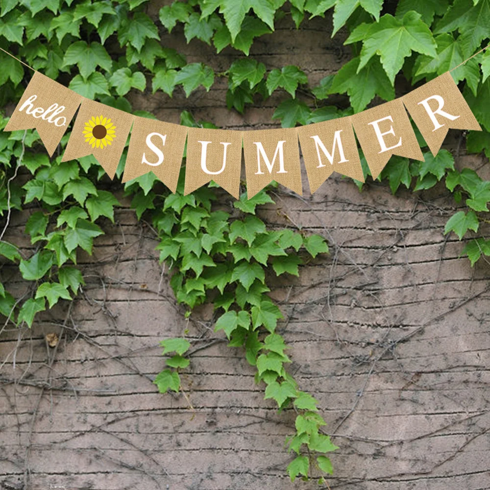 

Garland Hello Summer Letters Garland Hawaii Party Bunting Banner Sunflower Linen Dovetail Shape Party Decoration