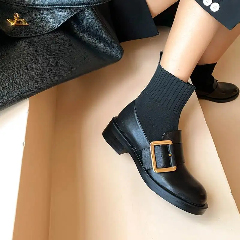 

Krazing Pot genuine leather round toe metal buckle Chelsea boots thick med heel slip on knitting stretch winter ankle boots L87