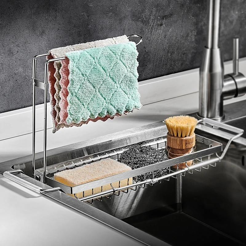 

Dish Sink Drain Rack Kitchen Telescopic 304 Stainless Steel Basket Sponge Storage