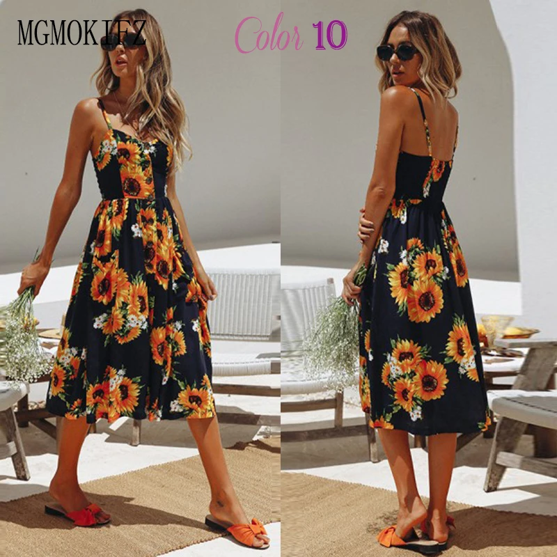 Boho Цветочный принт летнее платье Для женщин V шеи Карманы миди без рукавов платья