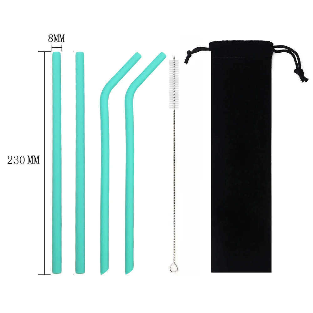 sky blue 230mm 6 шт./компл. красочное питье силиконовая трубочка набор 23 см 25 см пищевой соломинки для путешествий многоразовая солома с кистью сумка для хранения - Цвет: sky blue 230mm
