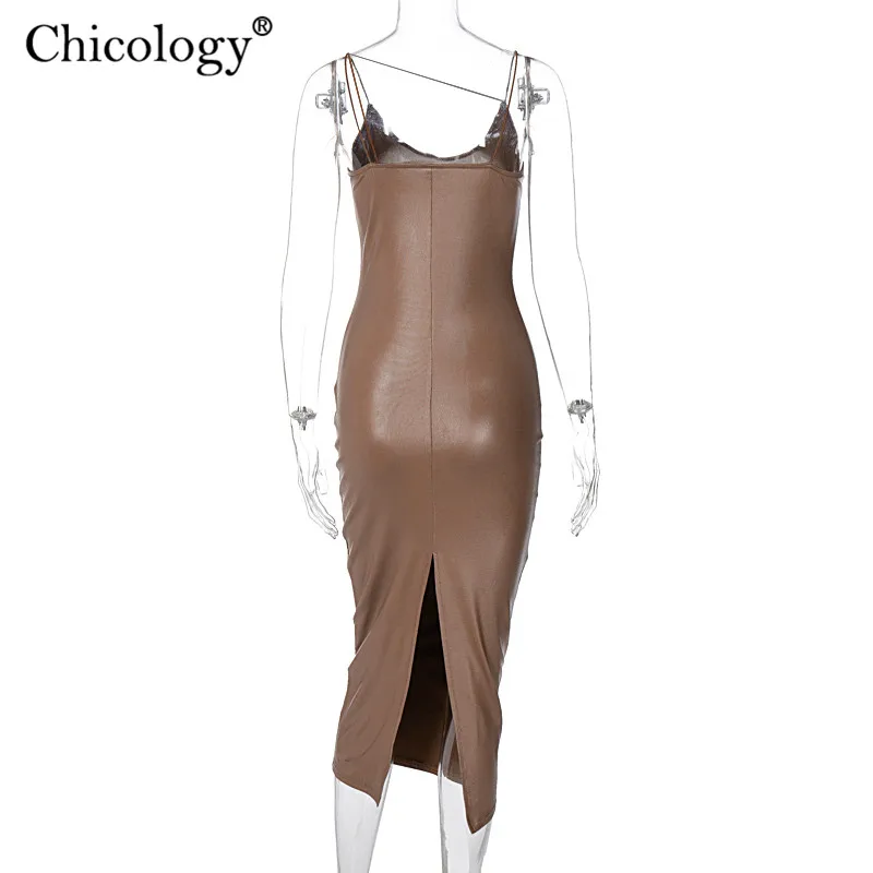 Chicology PU сексуальное элегантное платье миди на тонких бретельках Bodycon 2020 зимняя