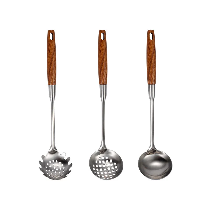 Деревянная ручка горячий горшок суповая ложка корпус дырявый 304 нержавеющая