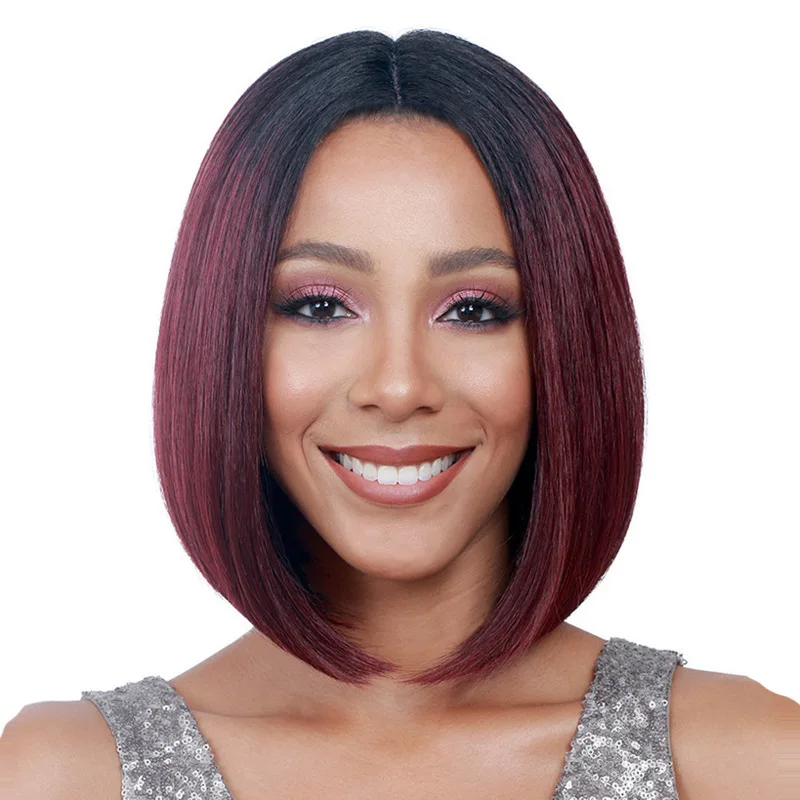

ZM Hair Short Straight bob Synthetic Wigs for Women T1b/27 30 Ombre Gray and Black Red Wigs Heat Resistant Fiber Middle Part