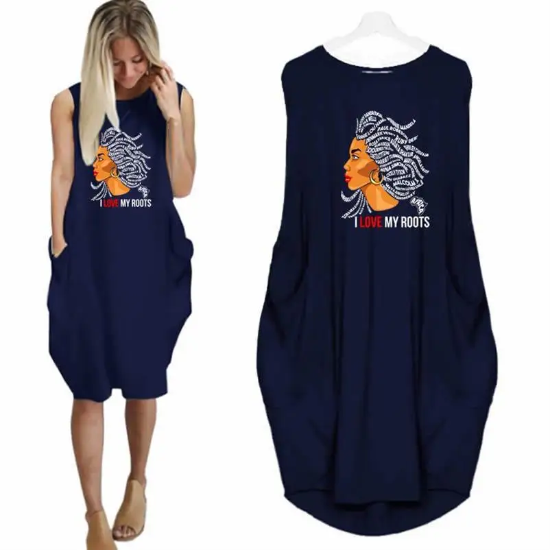 

100% Cotton Fashion Pocket Dress For Women Pocket I Am Black Woman Beatiful Letters Print Dresses Women Top Female Tops Off The