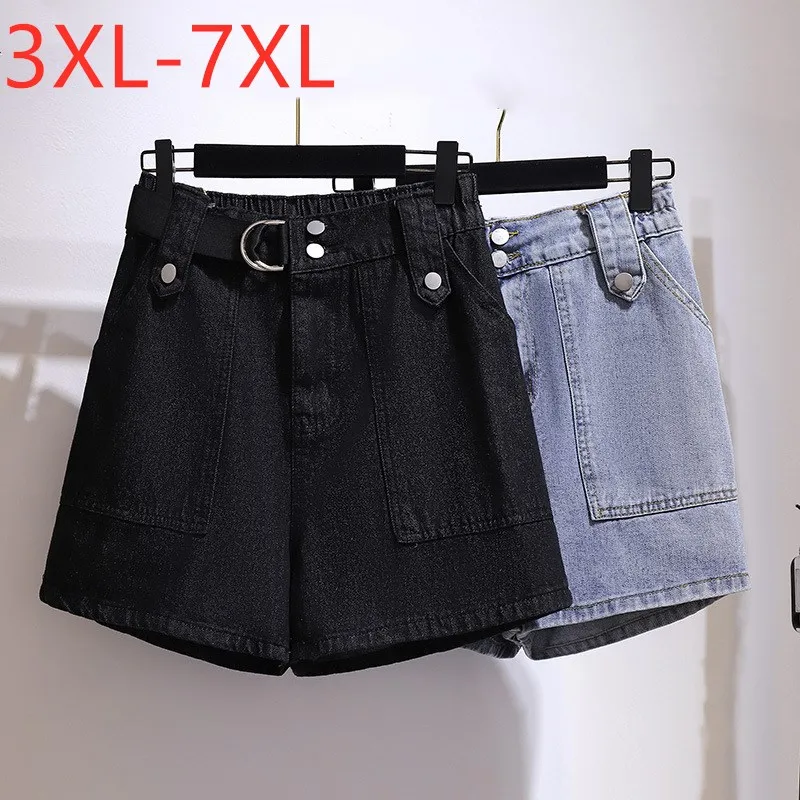 

Fit 65-150KG Summer Plus Size Jeans Shorts For Women Large Loose Cotton Wide Leg Pocket Belt Denim Shorts 3XL 4XL 5XL 6XL 7XL