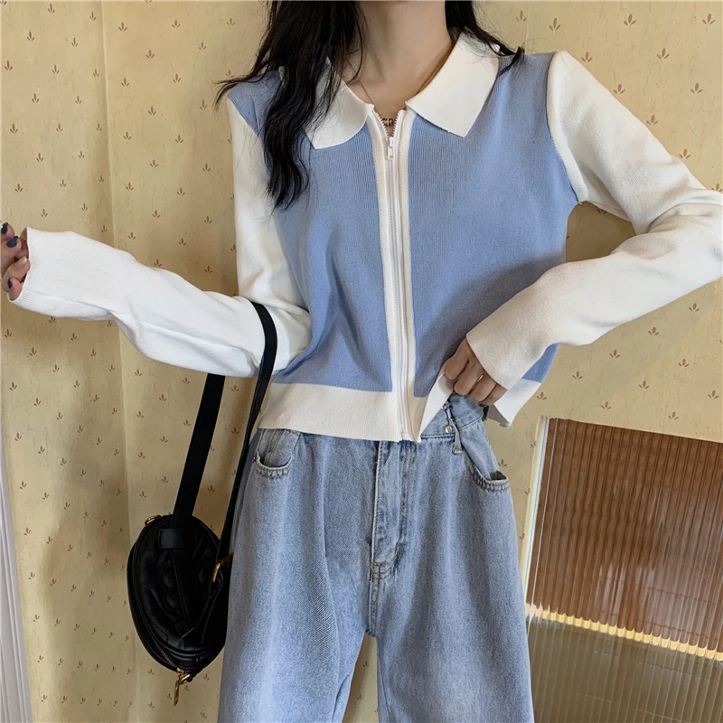 

Make firm offers the new color matching POLO unlined upper garment zipper long sleeve knit cardigan frock