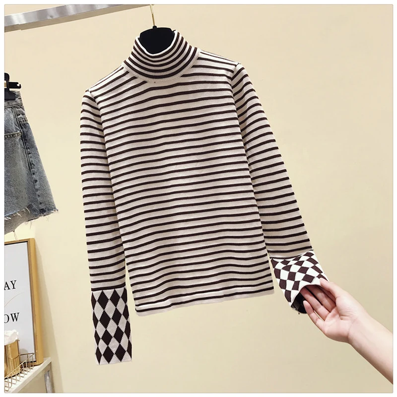 

Lucyever Fashion Striped Women Turtleneck Sweater Slim Knitted Pullover Jumper Autumn Patchwork Long Sleeve Female Top New 2021