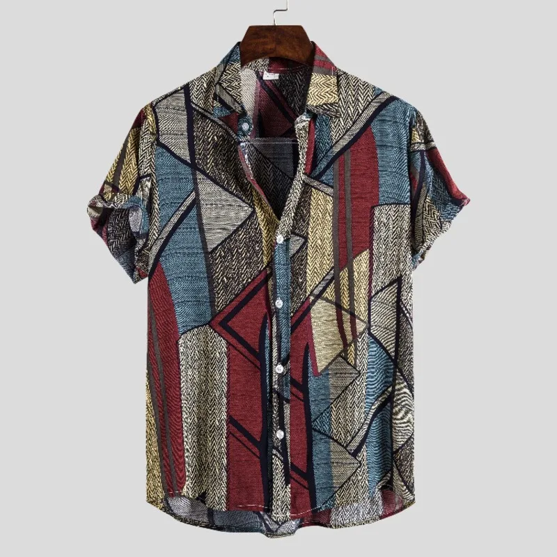 

Mens 2021 Hawaiian Shirts Vintage Colorful Mixed Colorblock Lapel Holiday Short Sleeve Shirt camisa hombre
