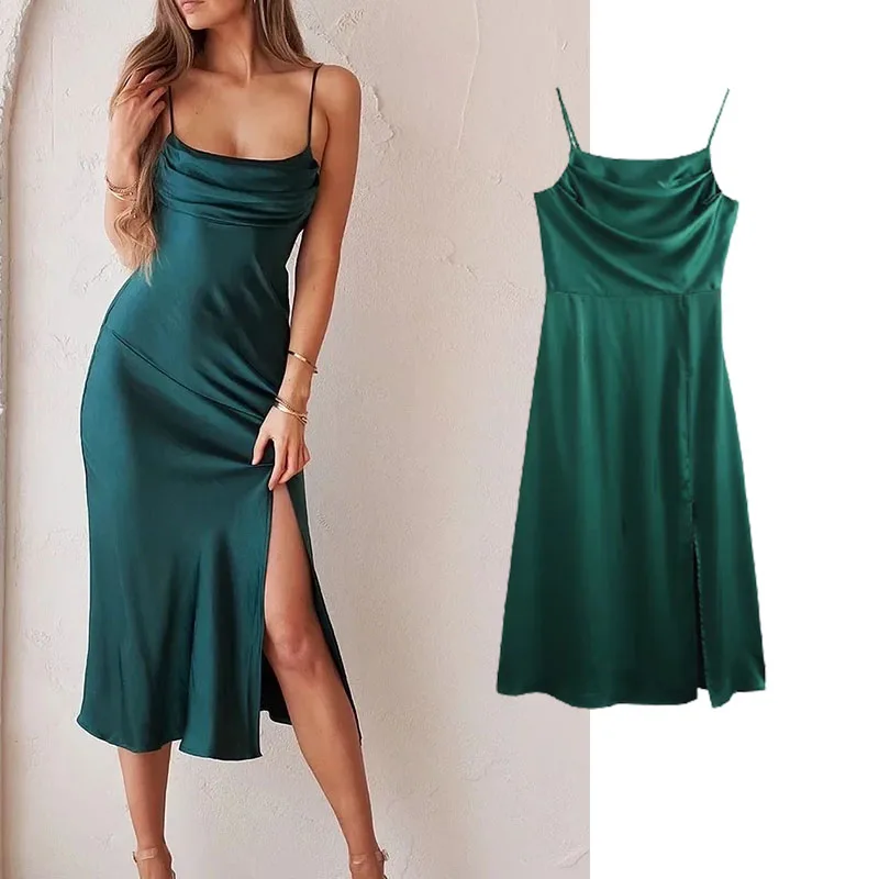 

Sexy Dresses Women Satin Spaghetti Strap Pile collar Side split High Waist Backless Long Dress Autumn 2021 Sleeveless Vestidos