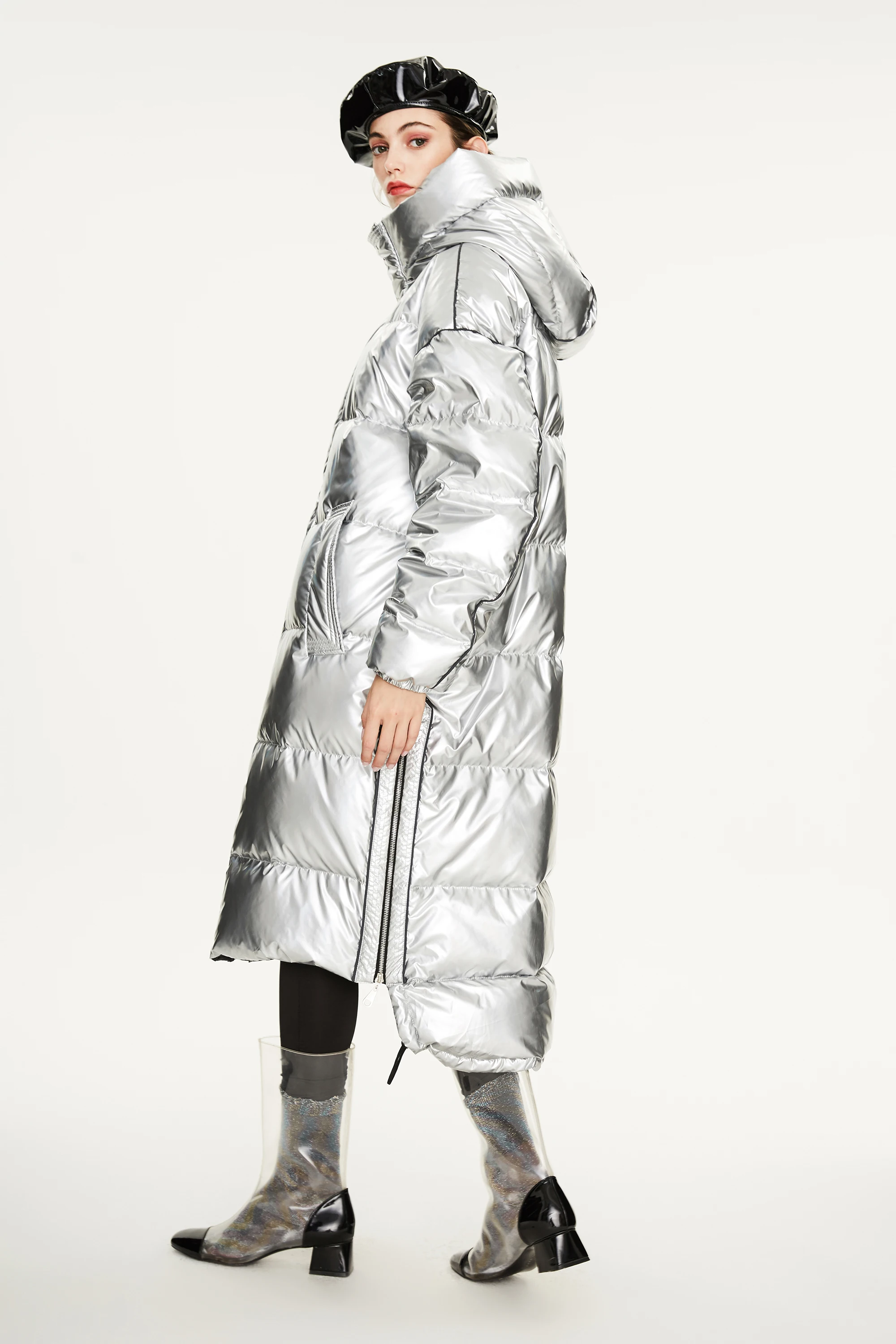 Женский удлиненный пуховик серебристый утепленный свободный для пар новинка 2020 |