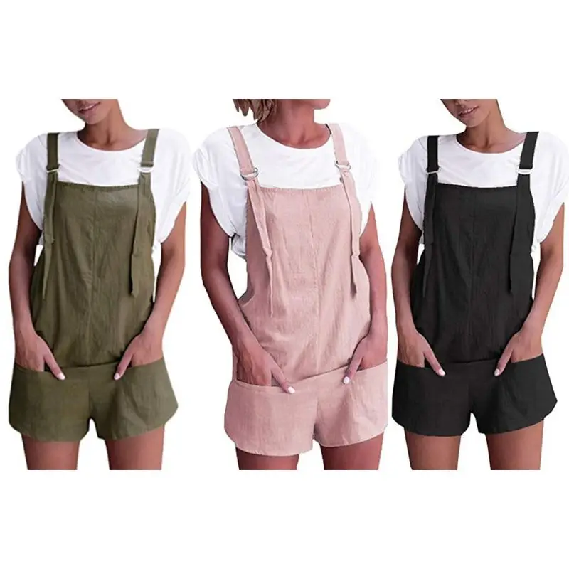 

Womens Summer Retro Short Jumpsuit Strap Overalls Casual Bib Pocket Playsuit Baggy Wide Leg Solid Color Pants Romper Trousers