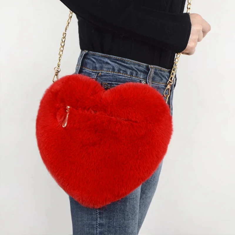 

Cute Plush Ladies Heart Shaped Shoulder Bag Faux Fur Women Handbags Girls Winter Plush Clutch Purse Love Handbag Messenger Bags