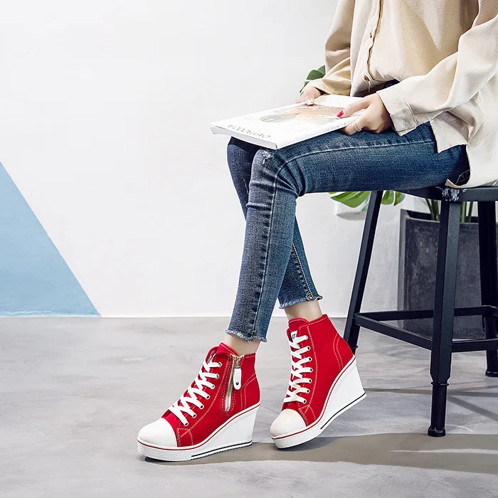 

2021 new Korean version plus size canvas shoes female slope heel side zipper 8 cm higher casual high canvas shoes female