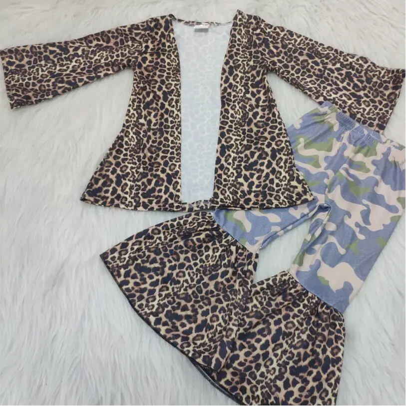 

Girls so cute long sleeve leopard cardigan children camo bell bottoms pants outfits
