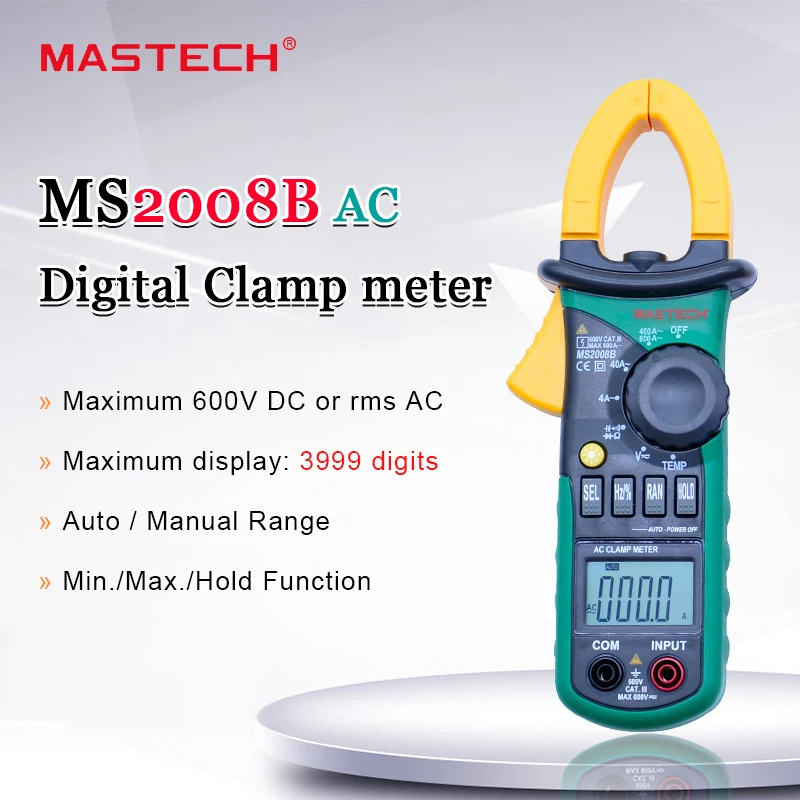 MASTECH-multímetro Digital MS2008B, medidor de abrazadera de amperios, pinza de Corriente CA, probador de resistencia de capacitancia de voltaje CA/CC