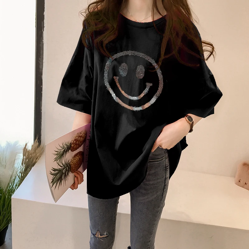 

Summer Korean Women's Cotton Plus Size Women's 2021 Heavy Industry Hot Drilling Commuter Round Neck Short-sleeved T-shirt