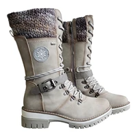 2021 women winter buckle lace knitted mid calf boots low heel round toe boots top quality winter warm boots women botas de mujer