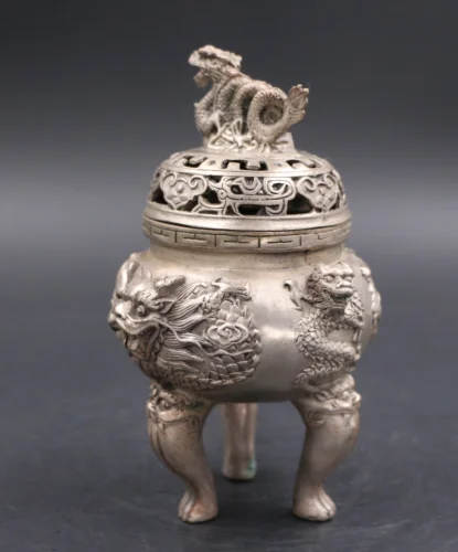 Китай белый медный серебряный дракон два уха зверь благовония горелка