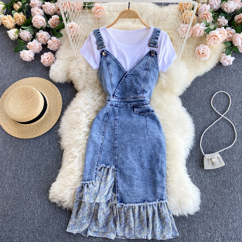 

Sling Vestidos Suit Women's Summer Short-sleeved T-shirt Women's All-match Ruffled Irregular Midi Dress Two-piece GL413