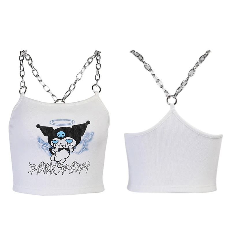 

Women Metal Chain Strap Crop Top Ribbed Anime Little Devil Print Slim Camisole