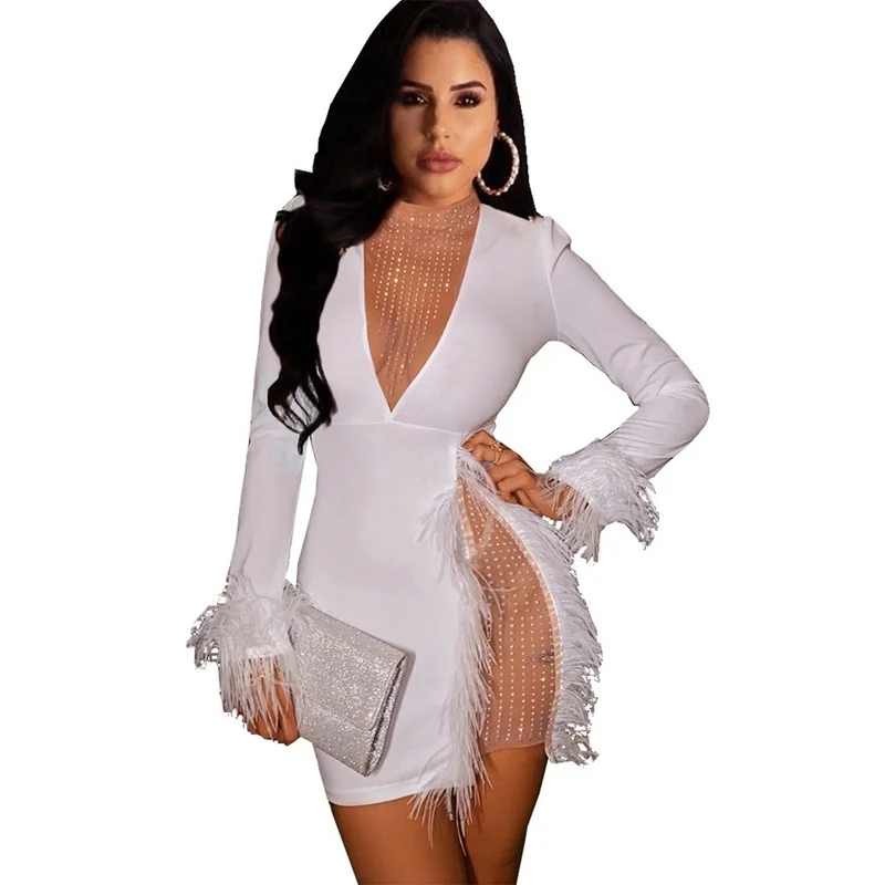 

2021 Ladies Autumn Dress, Mesh Hot Rhinestone Stitching Sexy Mid-waist Dress, Ladies Fashion Tight-fitting Split Sexy Dress New