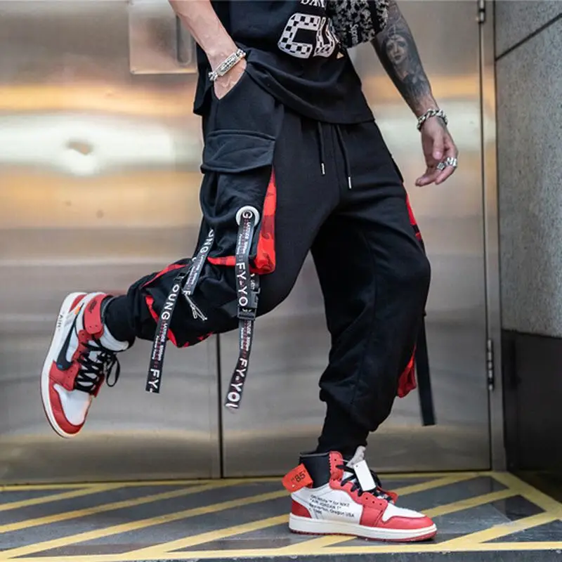 

Letter Ribbons Casual Hip Hop Joggers Cargo Pants For Men Block Pocket Black Track Pants Male Trousers Sweatpants Streetwear
