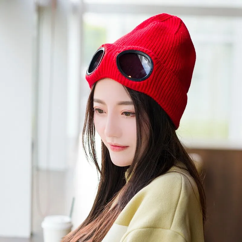 

Winter Warm Knit Hats 2021 New Fashion Unisex Adult Windproof Ski Caps with Removable Glasses Thicken Sports Multi-function Caps