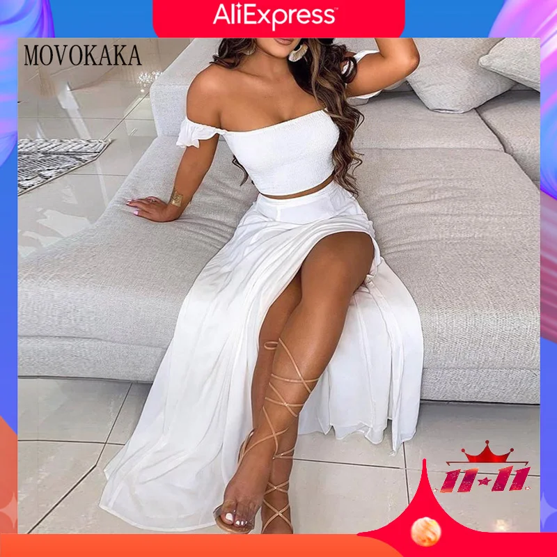 

MOVOKAKA 2021 Off Shoulder White Dress Sets Party Elegant Long Dress Sets Women Plus Size Tops And Skirt Suit Sexy Two Piece Set