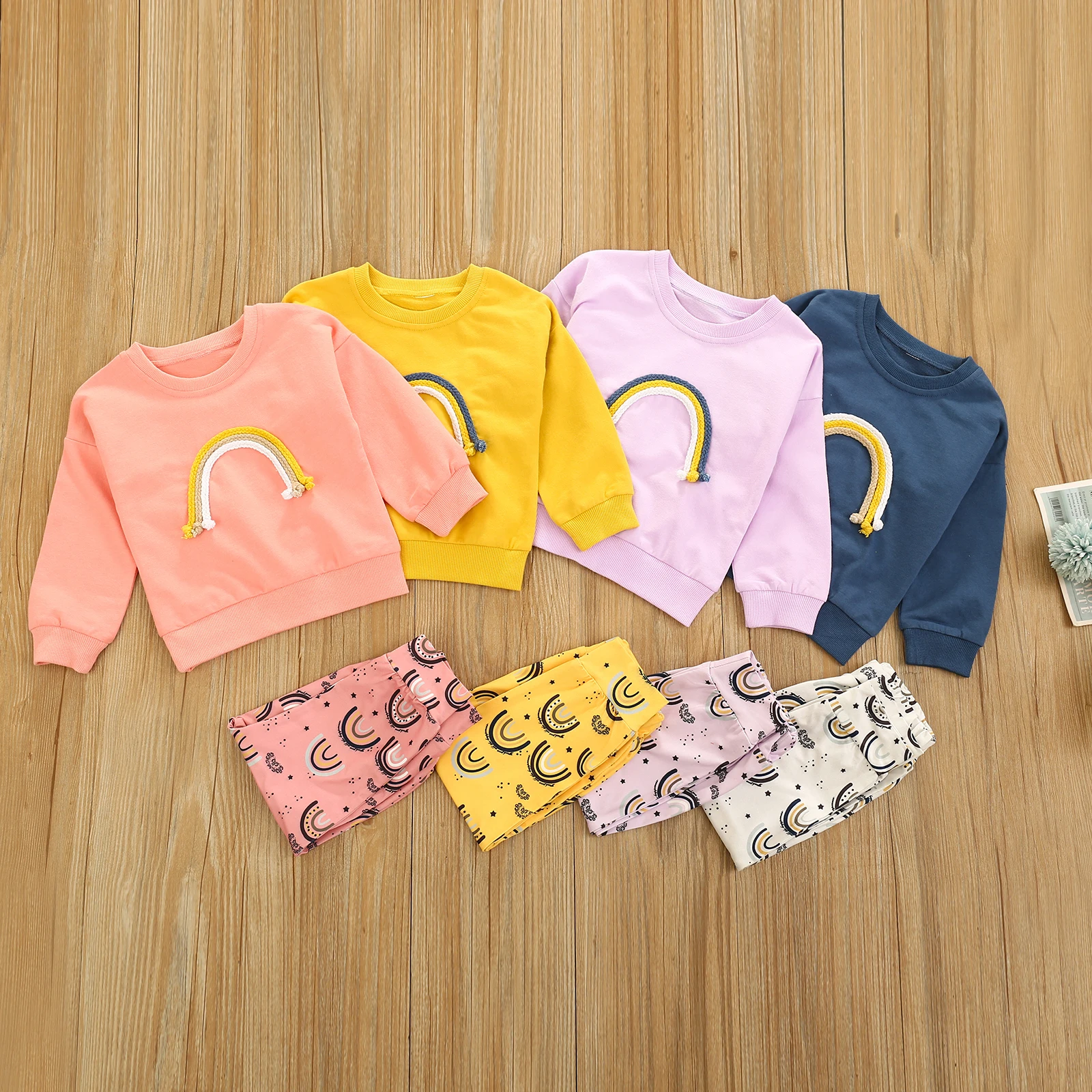 

Осенняя одежда для маленьких девочек из двух предметов, повседневный Радужный пуловер с длинным рукавом, топ, толстовка, штаны, комплект оде...