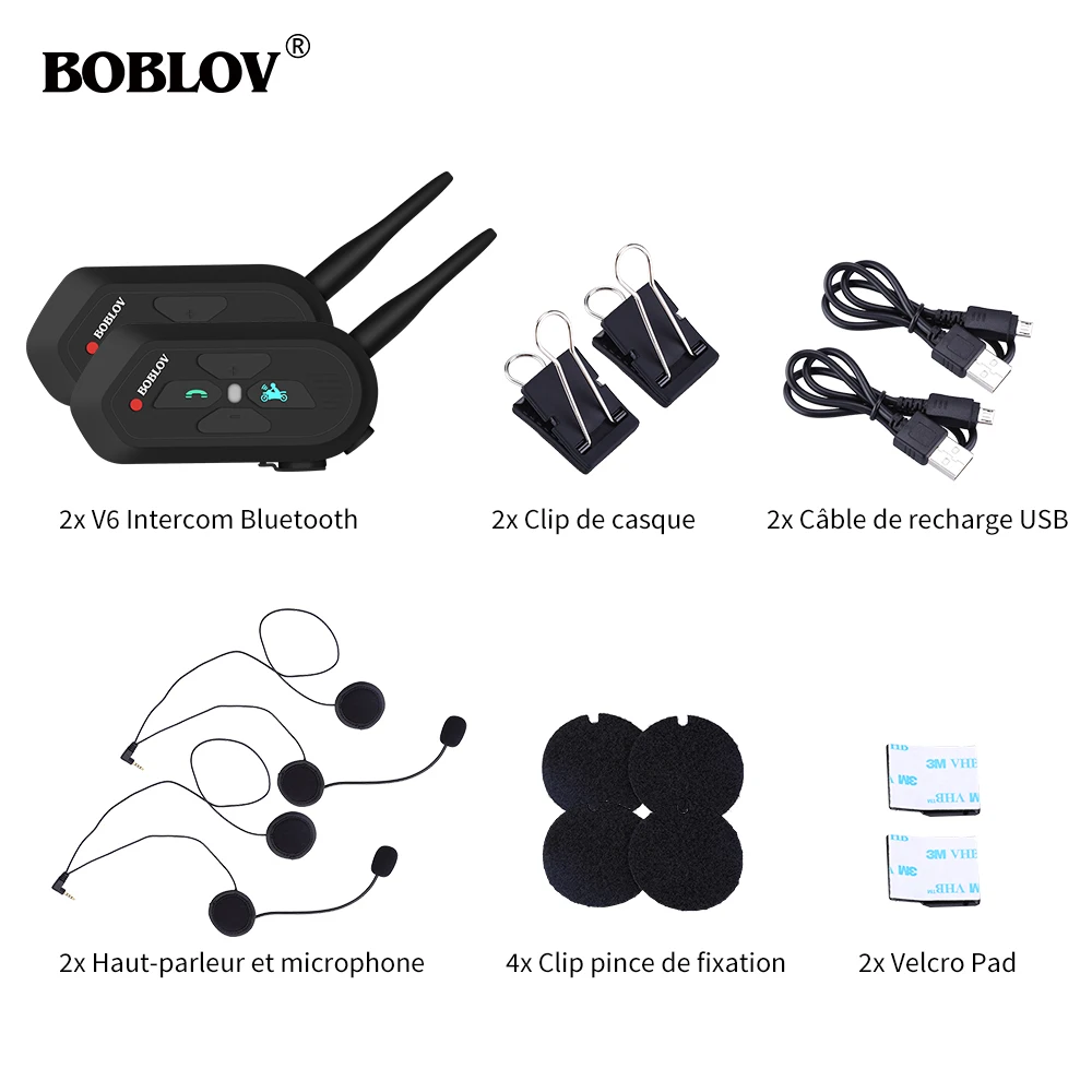 Boblov 2 комплекта V6 Pro Водонепроницаемый 1200 м Мотоциклетный беспроводной BT-3.0 шлем