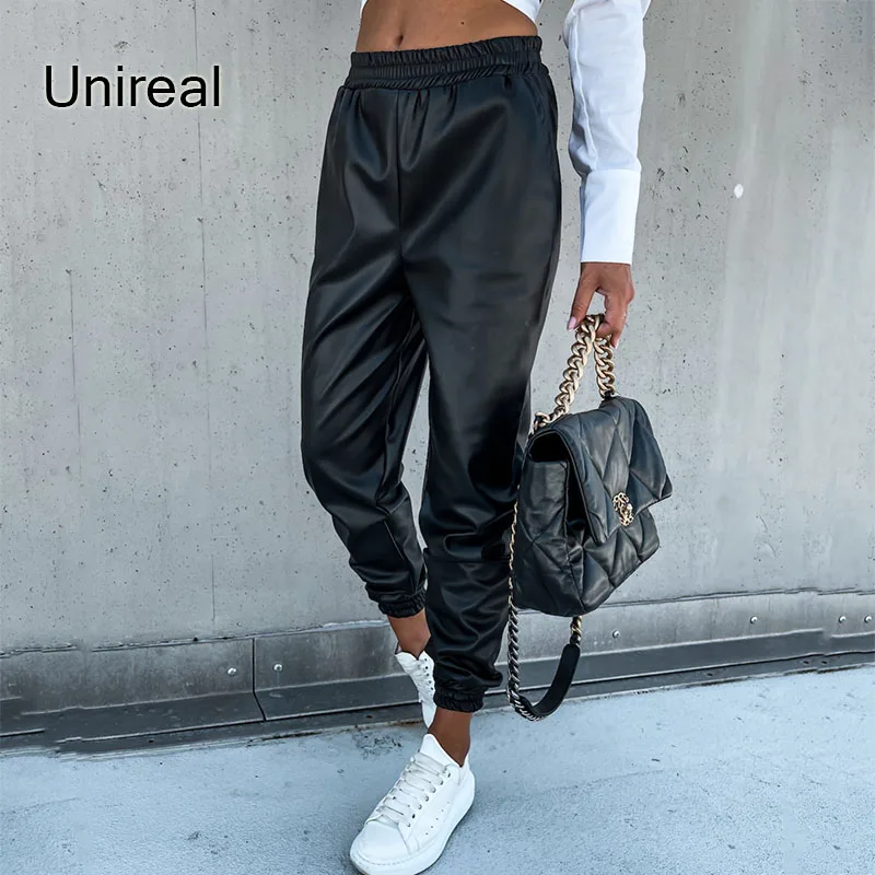 

Unireal 2022 Autumn Winter Women Harem Pants High Waist Trousers Elastic Streetwear Black Chic Pu Leather Pants