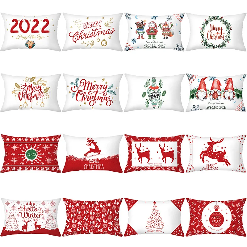 

Red Plaid Cushion Cover 30X50 Pillowcase Polyester Elk Merry Christmas Printed Decorative Pillows Sofa Cushions Pillowcover