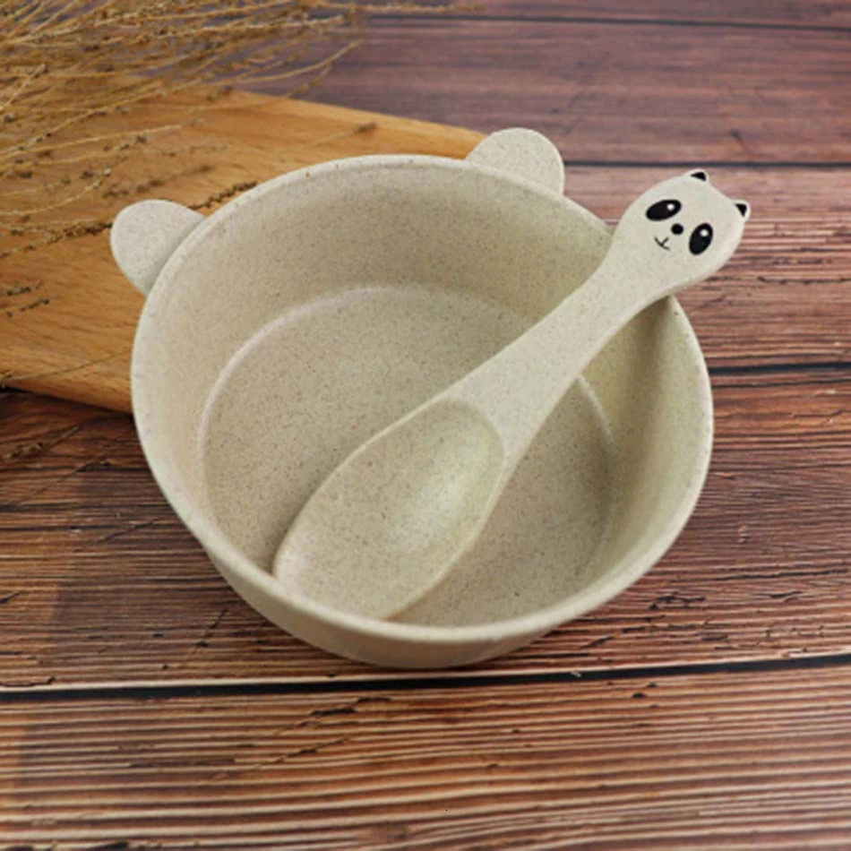 beige 2 шт./компл. детская миска для корма ложка зеленая Пшеничная солома мультяшная панда тарелка для еды детская тренировочная тарелка для еды посуда для еды - Цвет: beige
