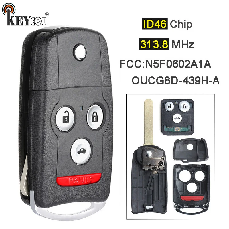 KEYECU 313,8 МГц ID46 чип FCC: N5F0602A1A/OUCG8D-439H-A флип 3+ 1 4 кнопки дистанционный ключ-брелок от машины для Acura TL MDX RDX 2007-2013