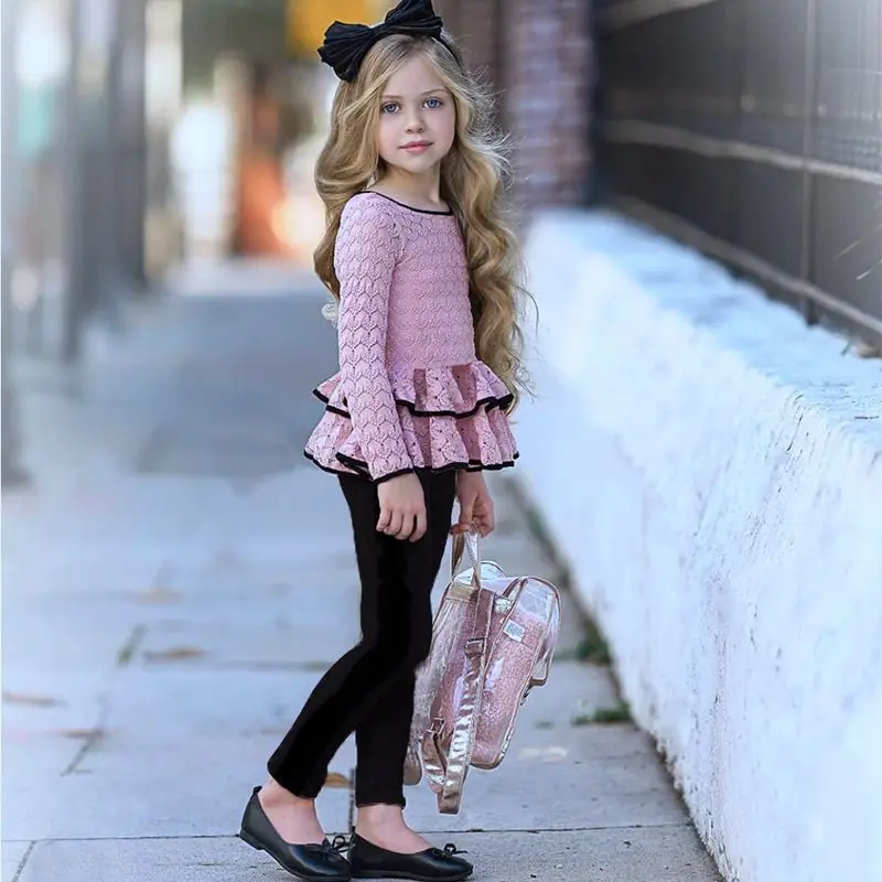 Новый модный кружевной топ с длинным рукавом для маленьких девочек + брюки
