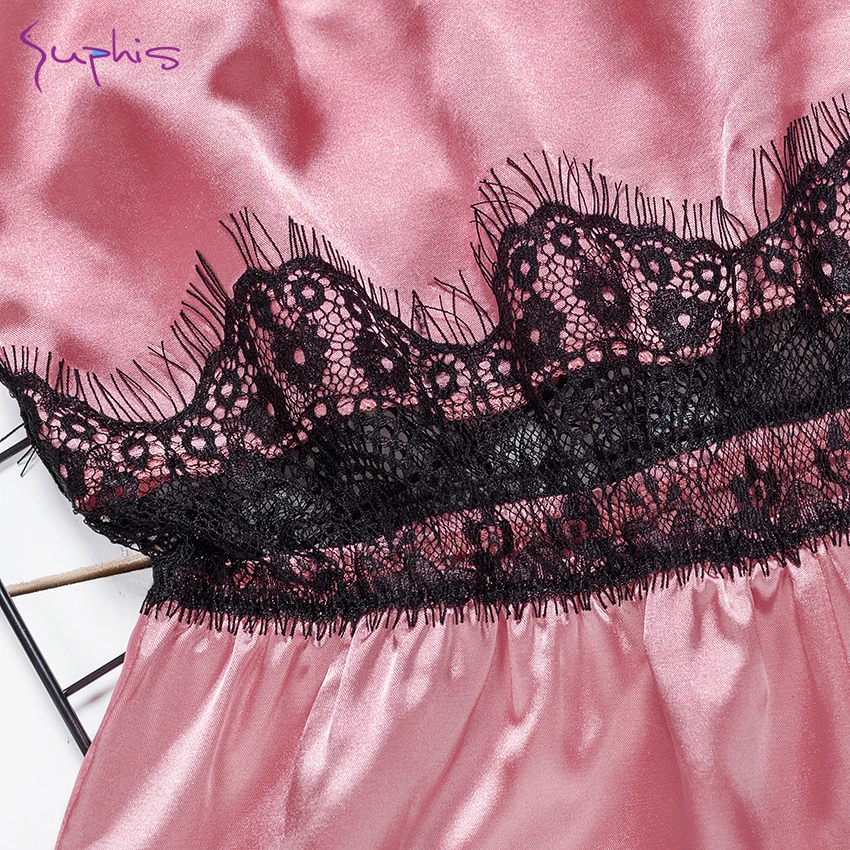 Женское шелковое боди с кружевной отделкой Suphis сексуальное розовое атласное