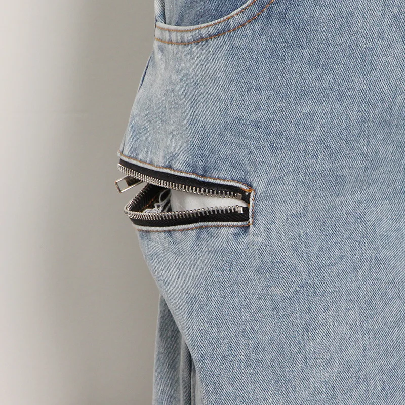 2021 Spring Autumn Women Dectable Jeans Zipper Design Hip Hop Streetwear High Waist Vintage Washed Blue Deniom Long Pants