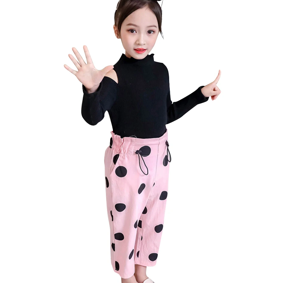 Одежда для девочек вязаный свитер и штаны костюм модный с открытыми плечами