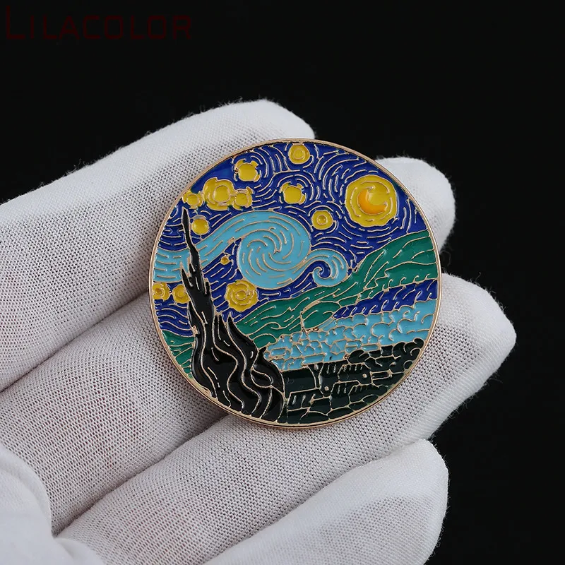 Lilacolor Женская Брошь картина маслом звезда луна ночь круглые Броши Ван Гог