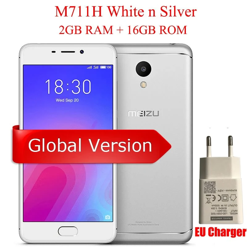 EU Silver 2G 16G Meizu M6, глобальная версия, 2 ГБ, 16 ГБ, четыре ядра, MTK6750, мобильный телефон, 5,2 дюймов, HD, 13,0 МП, задняя камера, 3070 мАч, отпечаток пальца ID - Цвет: EU Silver 2G 16G