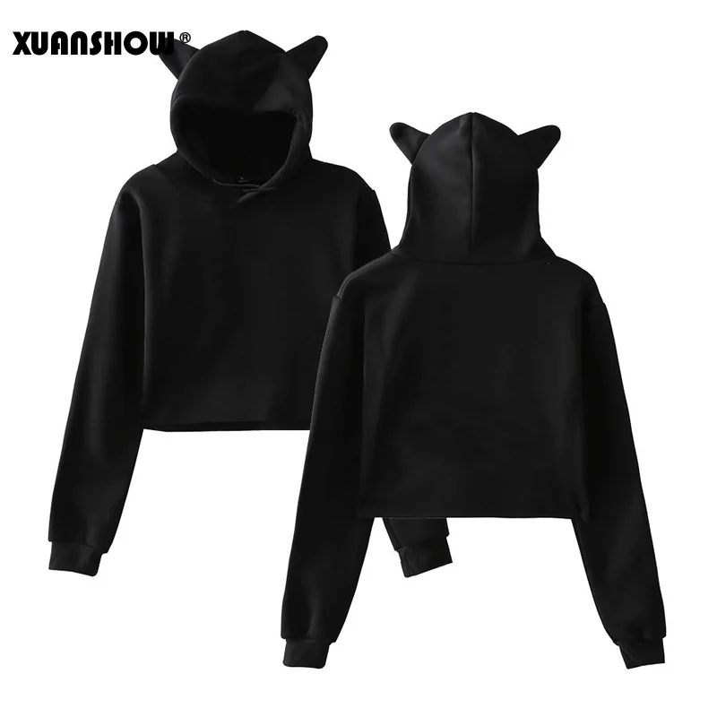Black XUANSHOW сексуальный короткий Милый Толстовки женские Толстовки Длинный рукав BlackPink Kpop одежда Толстовка с капюшоном - Цвет: Black