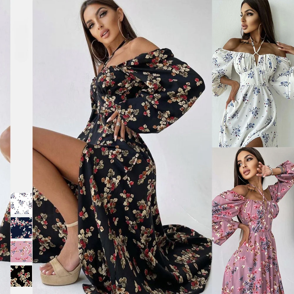 

Autumn New Product Floral Digital Print Ladies Dress Sexy Square Neck Long Sleeve Dress Lantern Sleeve Split Mid-Length Dress