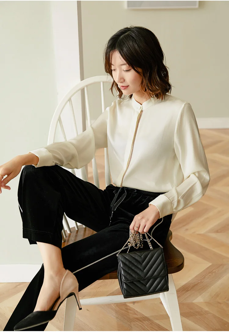 22 мм Тяжелая шелковая блузка Осень длинный рукав мягкая пятнистая рубашка