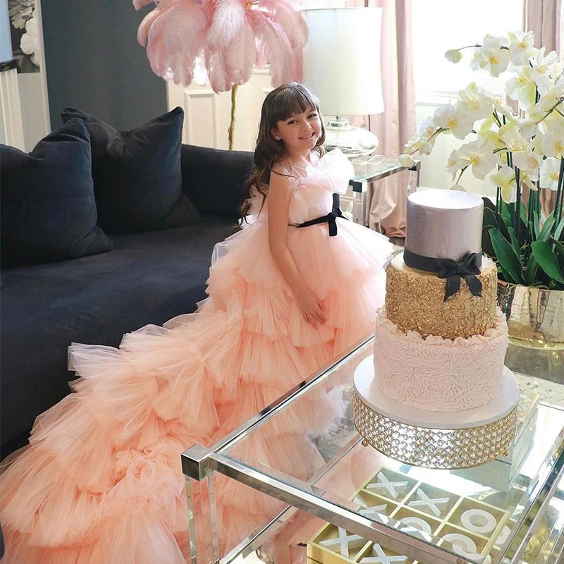 

Милое розовое длинное шифоновое платье детское вечернее платье для торжественных событий многоуровневый наряд Vestido Nina, платье одежда для с...