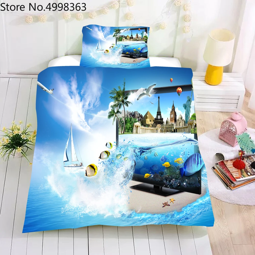 Набор пододеяльников с голубым океанским пейзажем Комплект постельного белья 3D