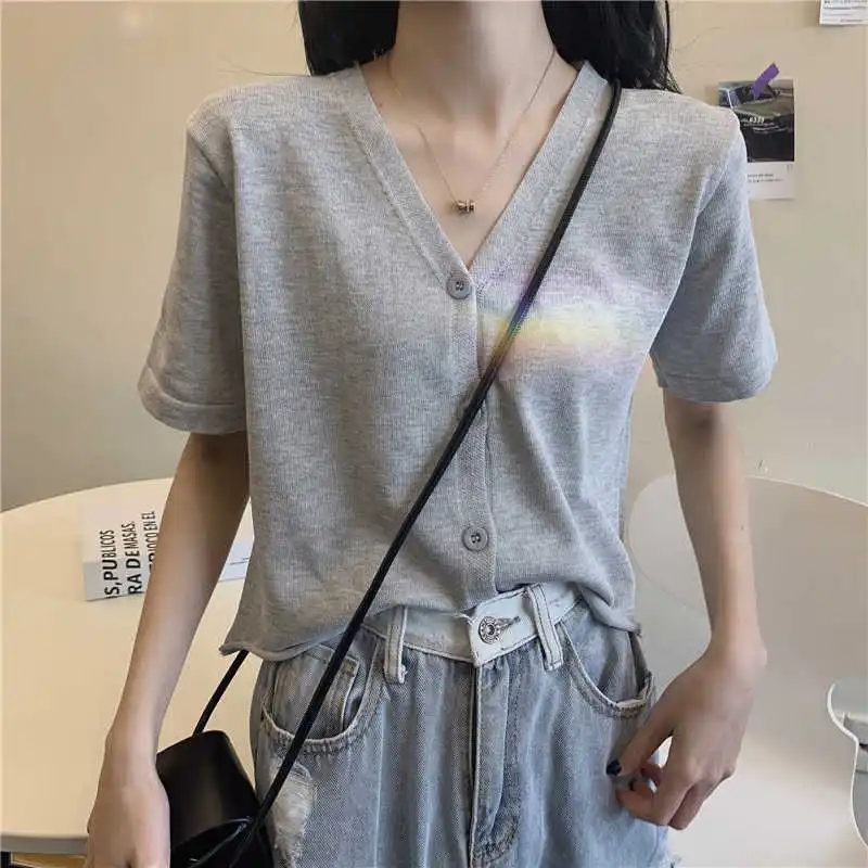 Летние женские онлайн агентов влияния короткий топ французская футболка нежный v