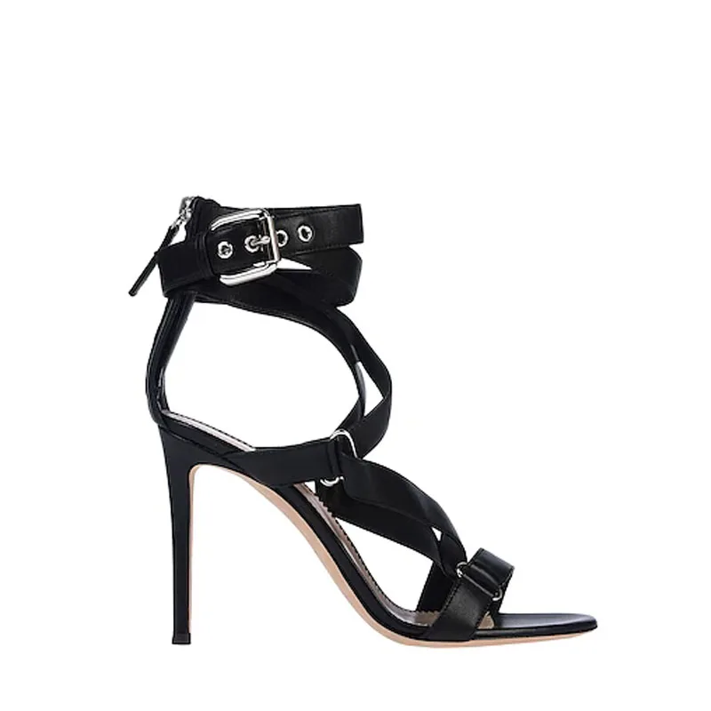 

2021 Women Open Toe Stiletto Metal Buckle Decorated Heel Gladiator Sandals Black High Heel Sandals Dress Heels Spring