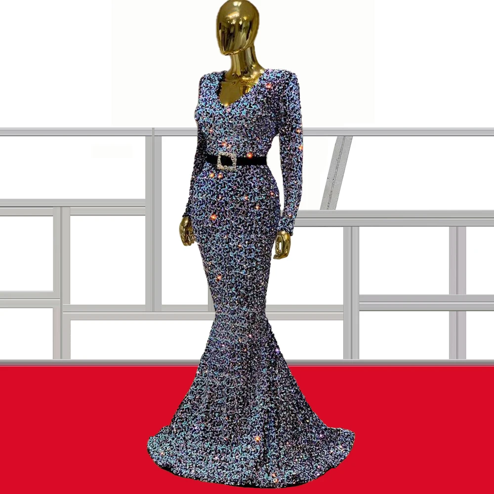 

Женское коктейльное платье с V-образным вырезом и длинным рукавом