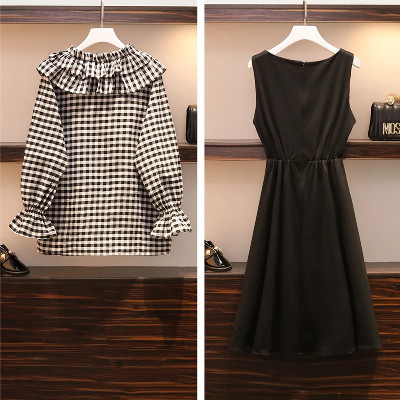 Women's Wear Fat Mm 2009 Autumn And Winter 200 Kinds Loose Cotton Chequered Shirt Kam Vest Skirt Suit |